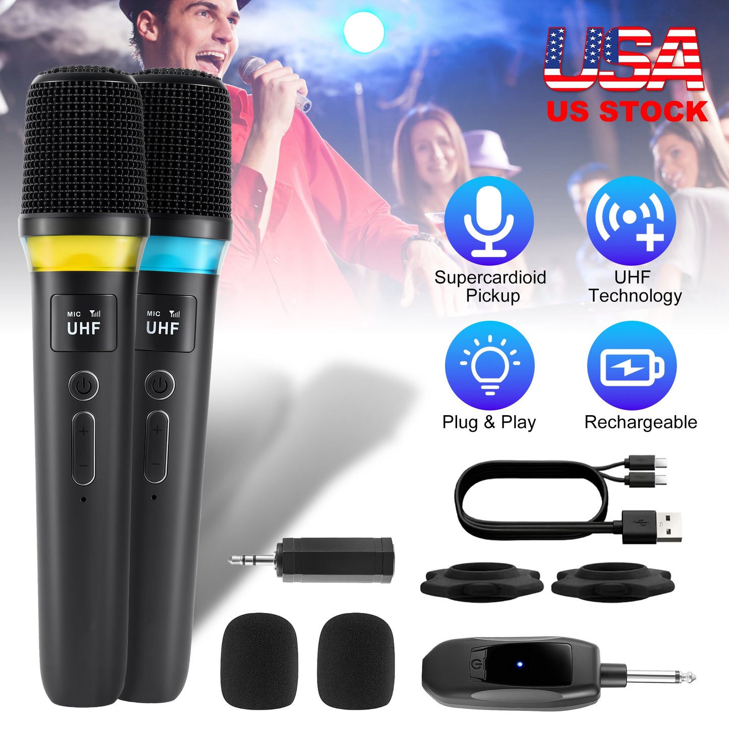 Wireless Microphone System with 164FT Range & RGB Lights