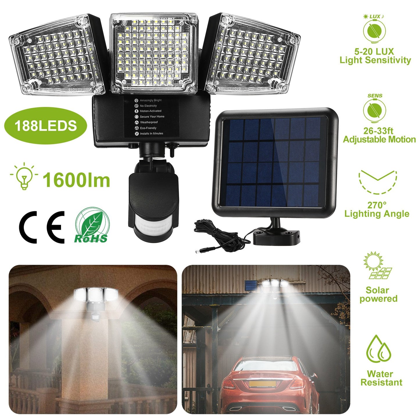 Solar Motion Sensor Light 188 LEDs 1600lm with 3 Rotatable Heads