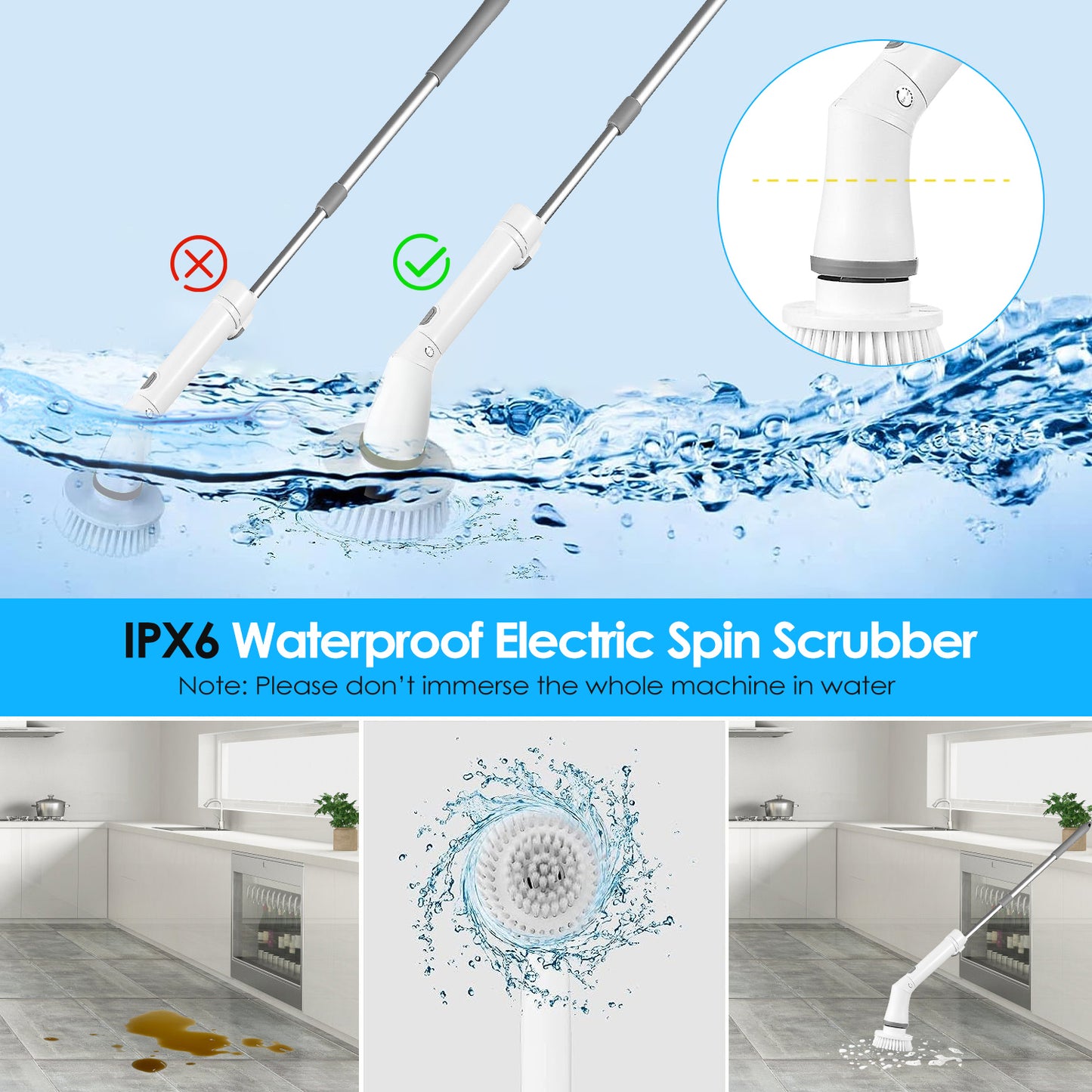Electric Spin Scrubber with Telescopic Arm & 6 Brush Heads