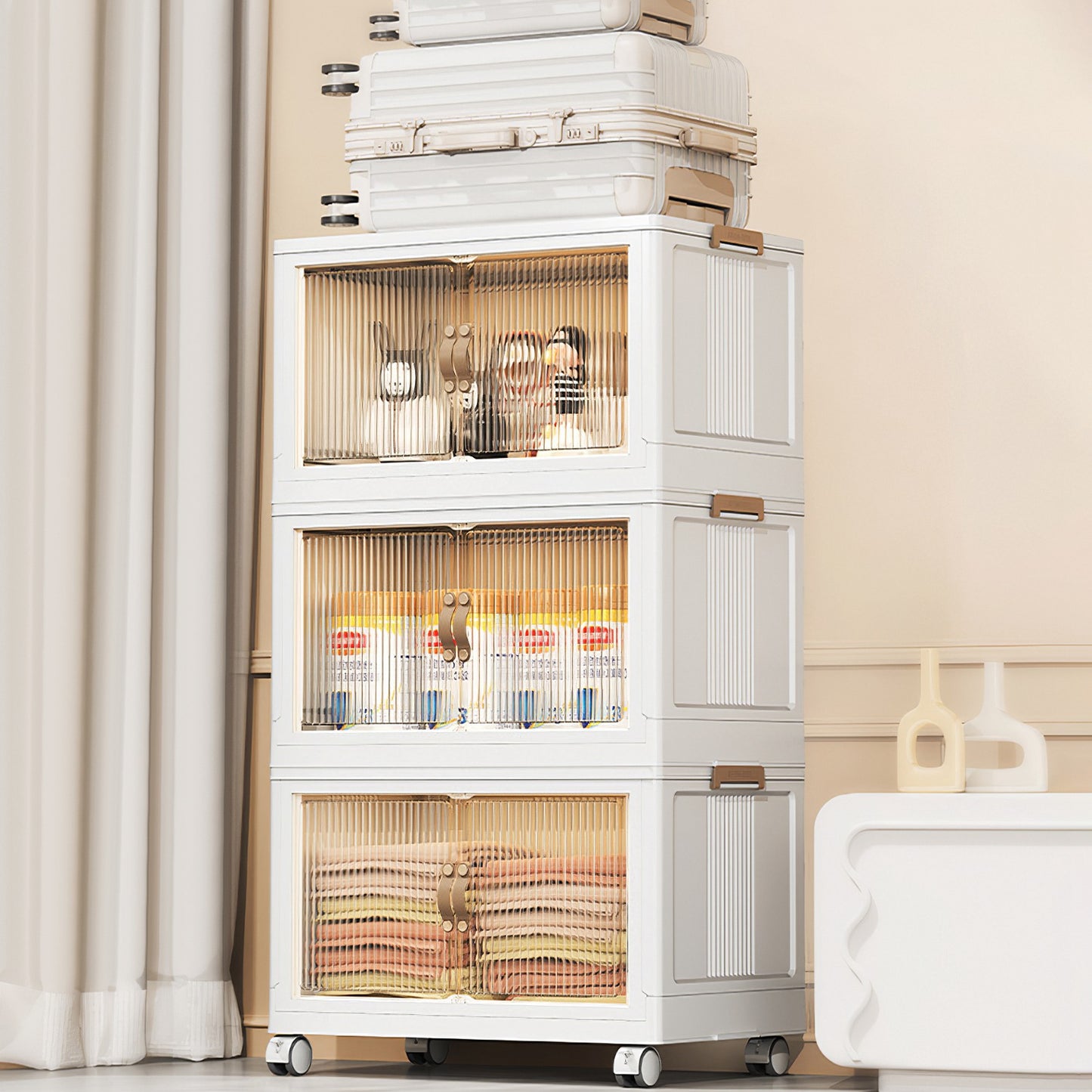 Foldable Storage Bins with Lids & Wheels - 3 Pack Stackable