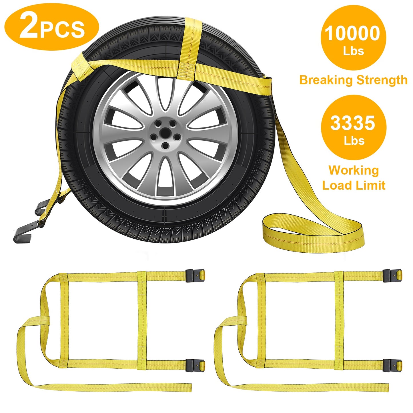 Adjustable Tow Dolly Tire Basket Straps with Flat Hooks (2-Pack)