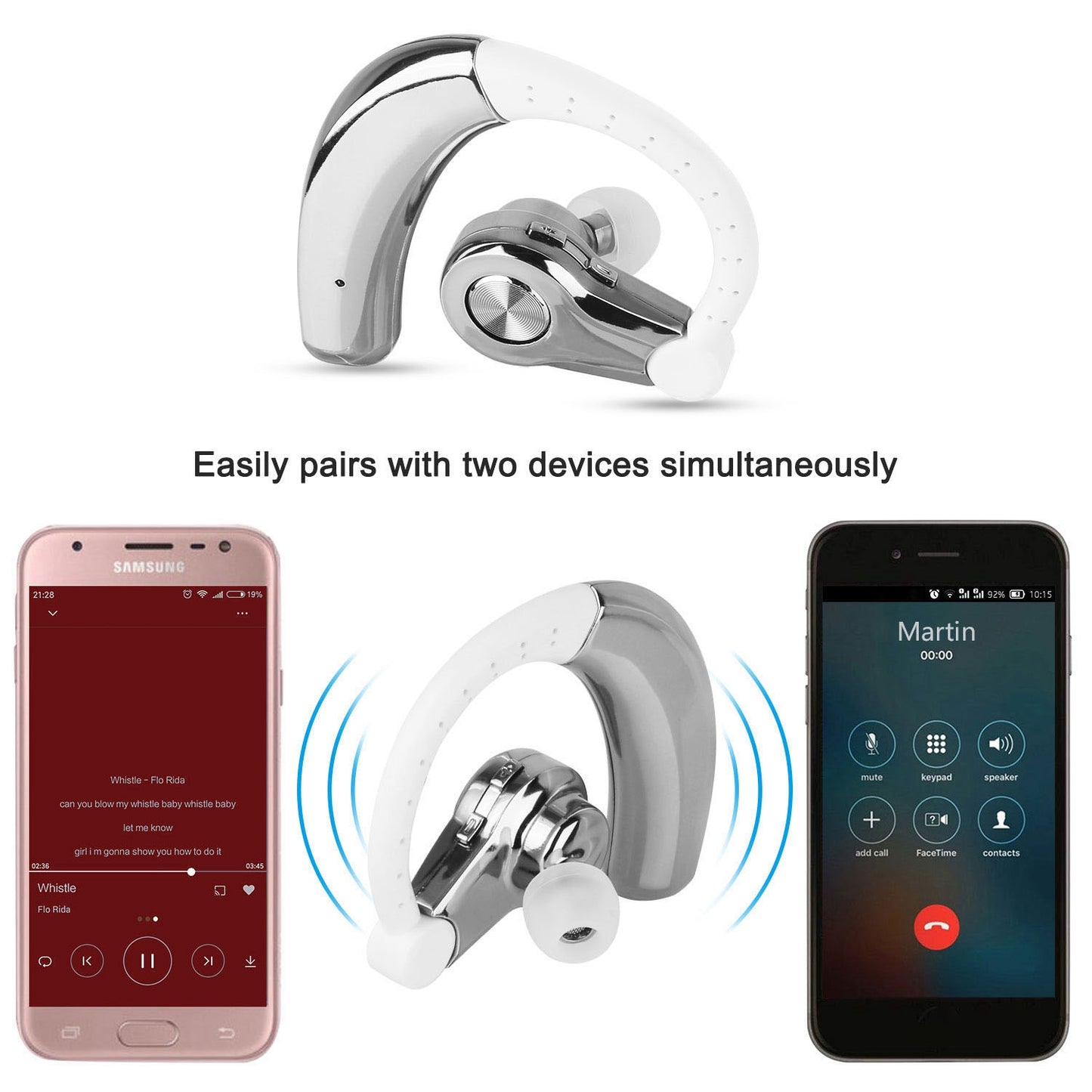 Wireless Bluetooth Earpiece with Mic for Business & Driving