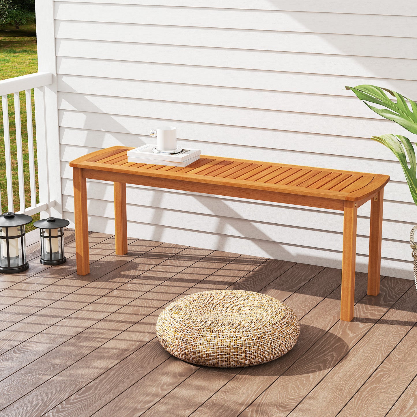 Acacia Wood Outdoor Bench Set of 2 with Slatted Seat