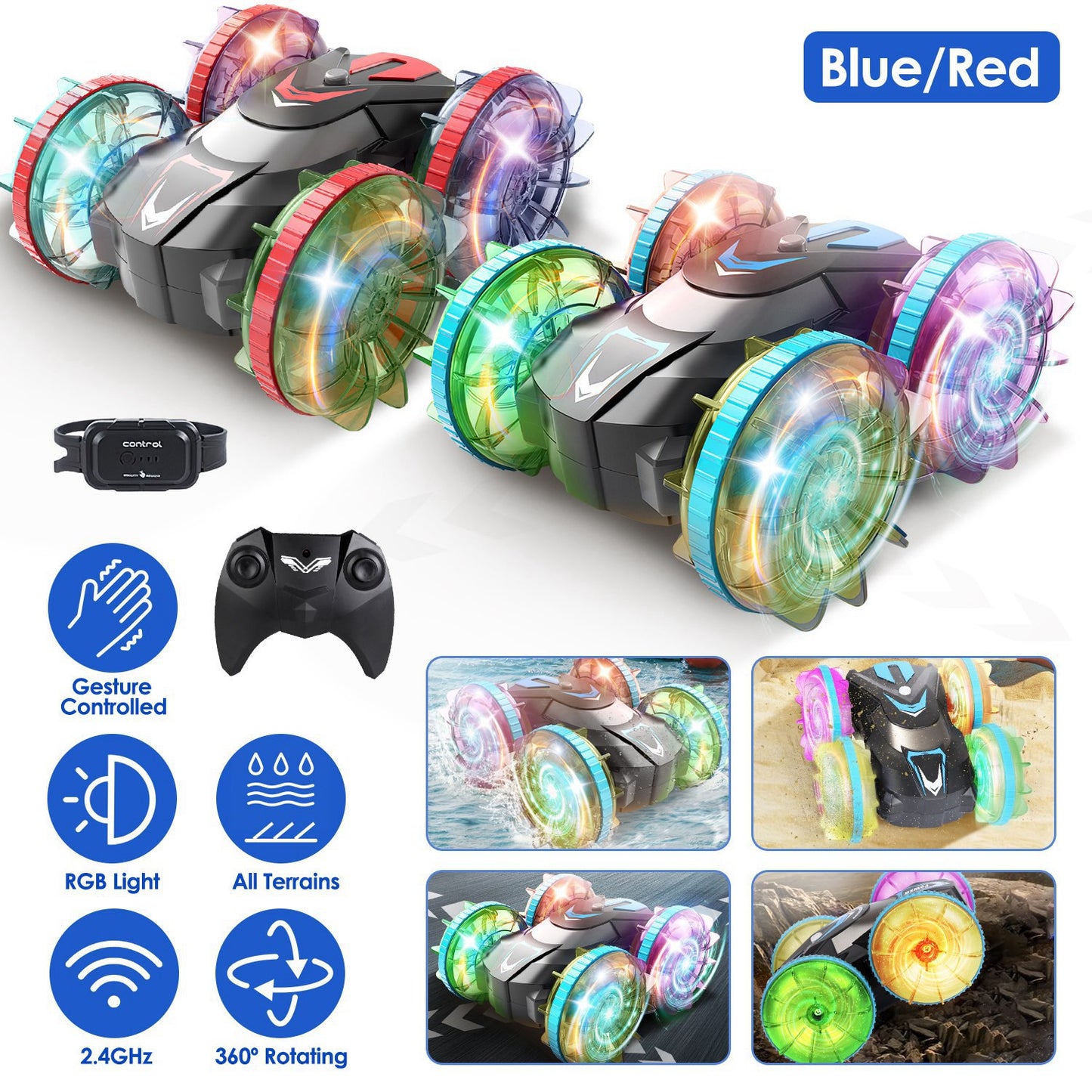 Amphibious RC Stunt Car with Wrist Controller & RGB Lights