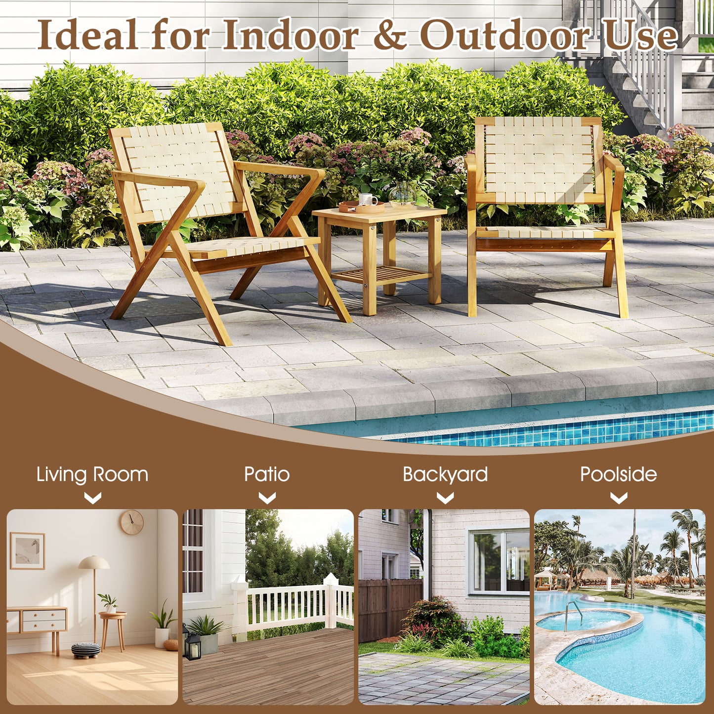 Teak Wood Patio Chair with Webbing Seat and Backrest