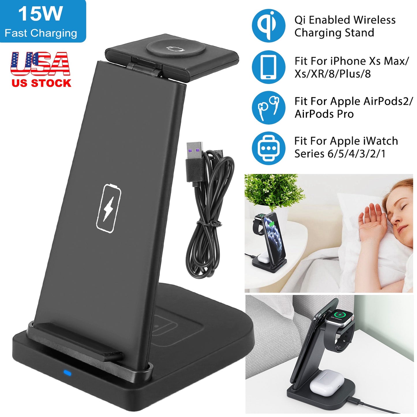 3-in-1 Wireless Charging Station 15W Fast Charge Dock