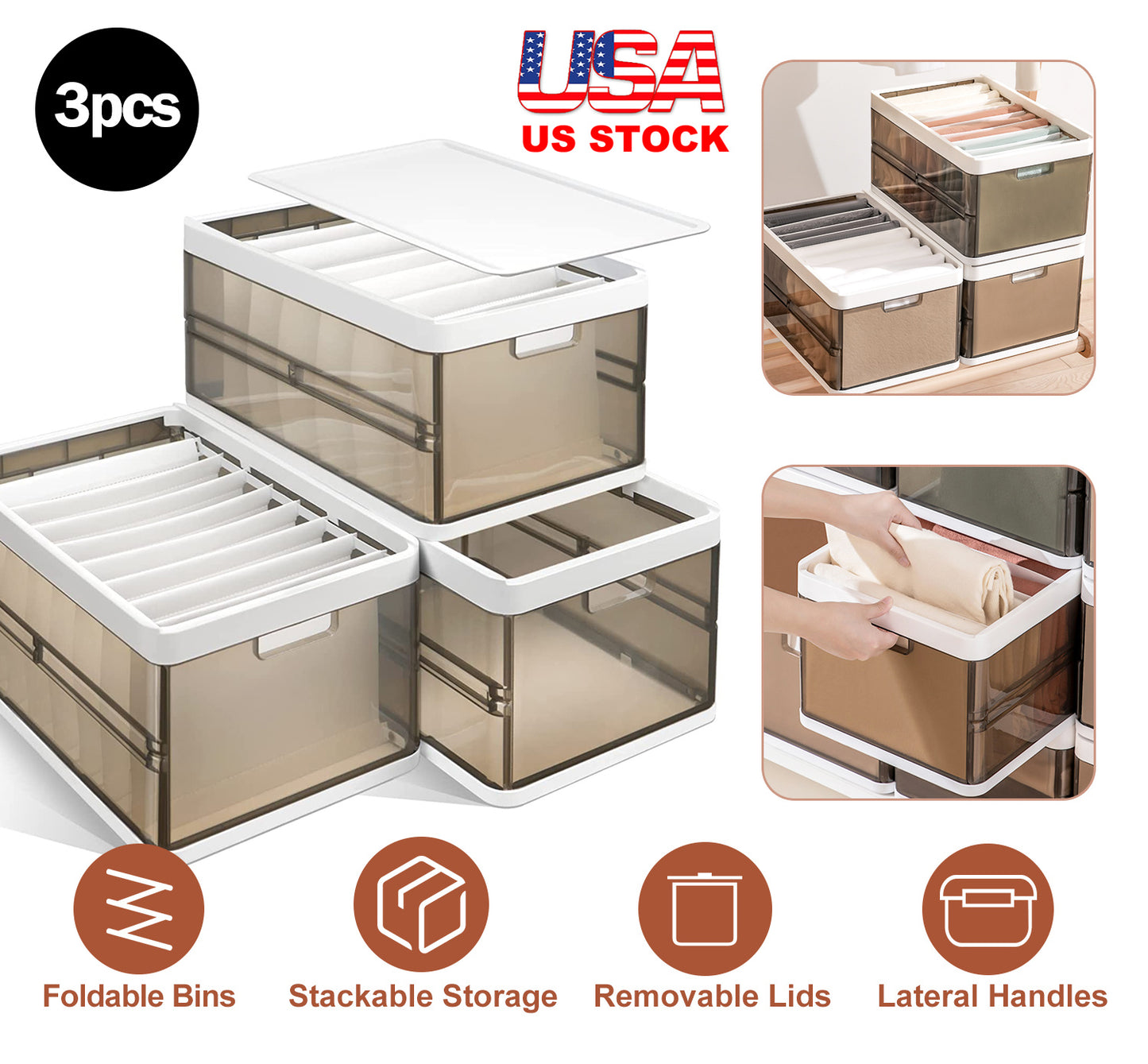 Foldable Storage Bins with Lids - 3 Pack Stackable Organizer