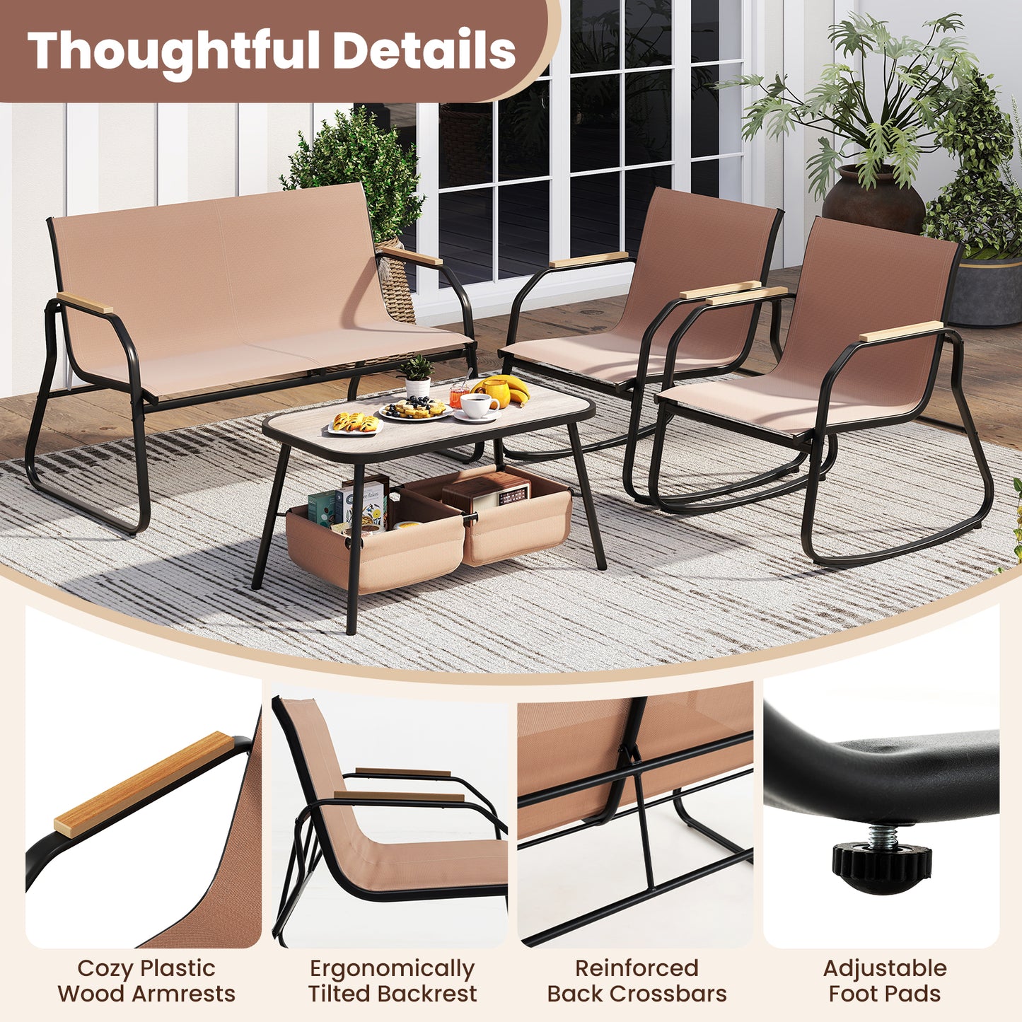 4-Piece Patio Conversation Set with Rocking Chairs & Loveseat