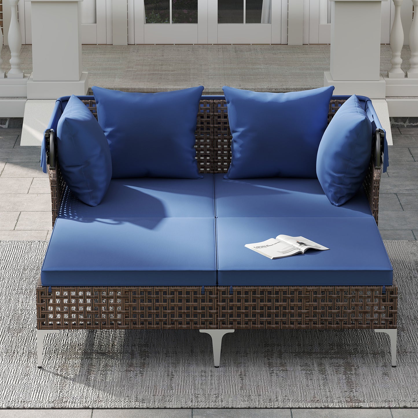 Outdoor Daybed with Retractable Canopy - PE Wicker Rattan