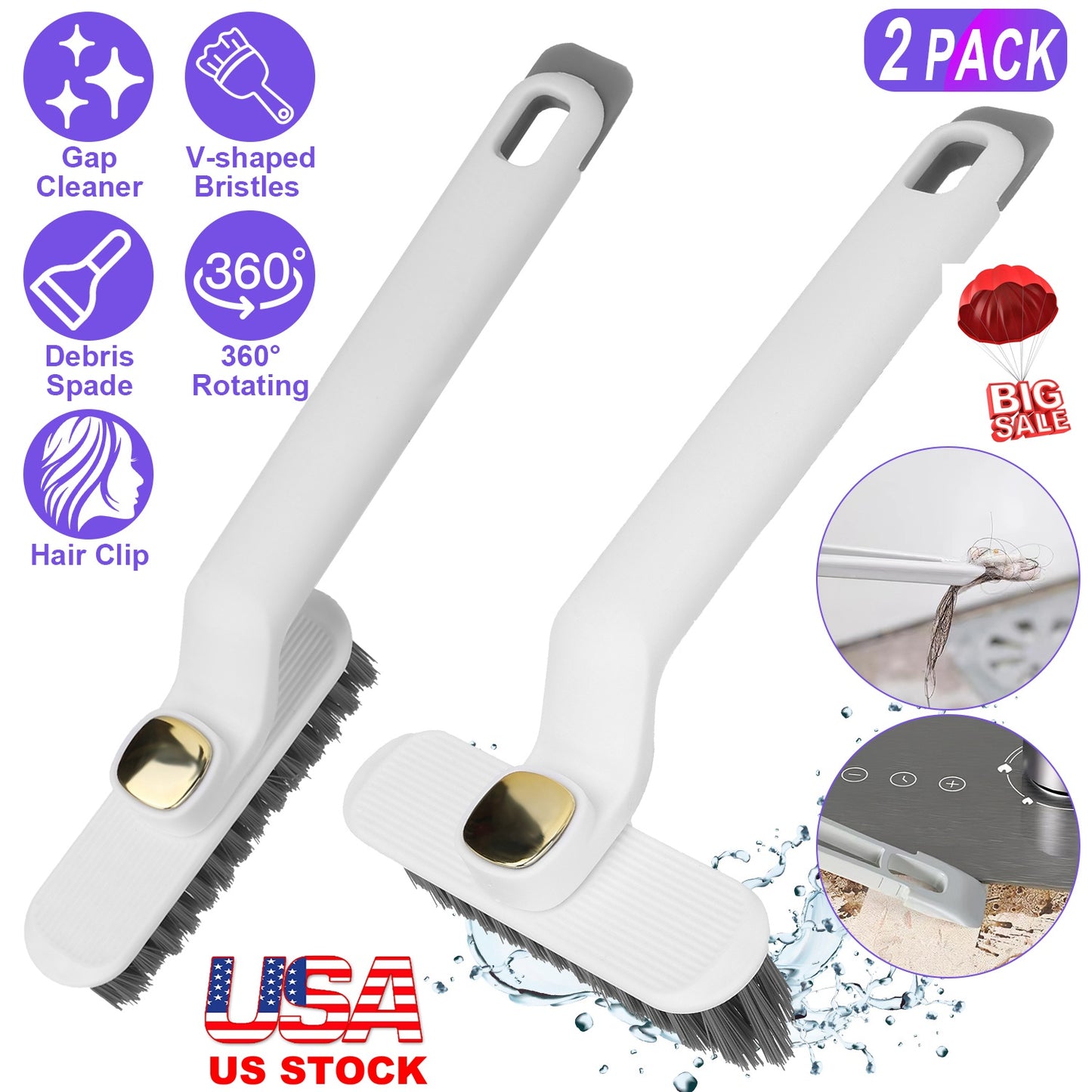 Rotating Crevice Cleaning Brush Set with Hair Clip Tool