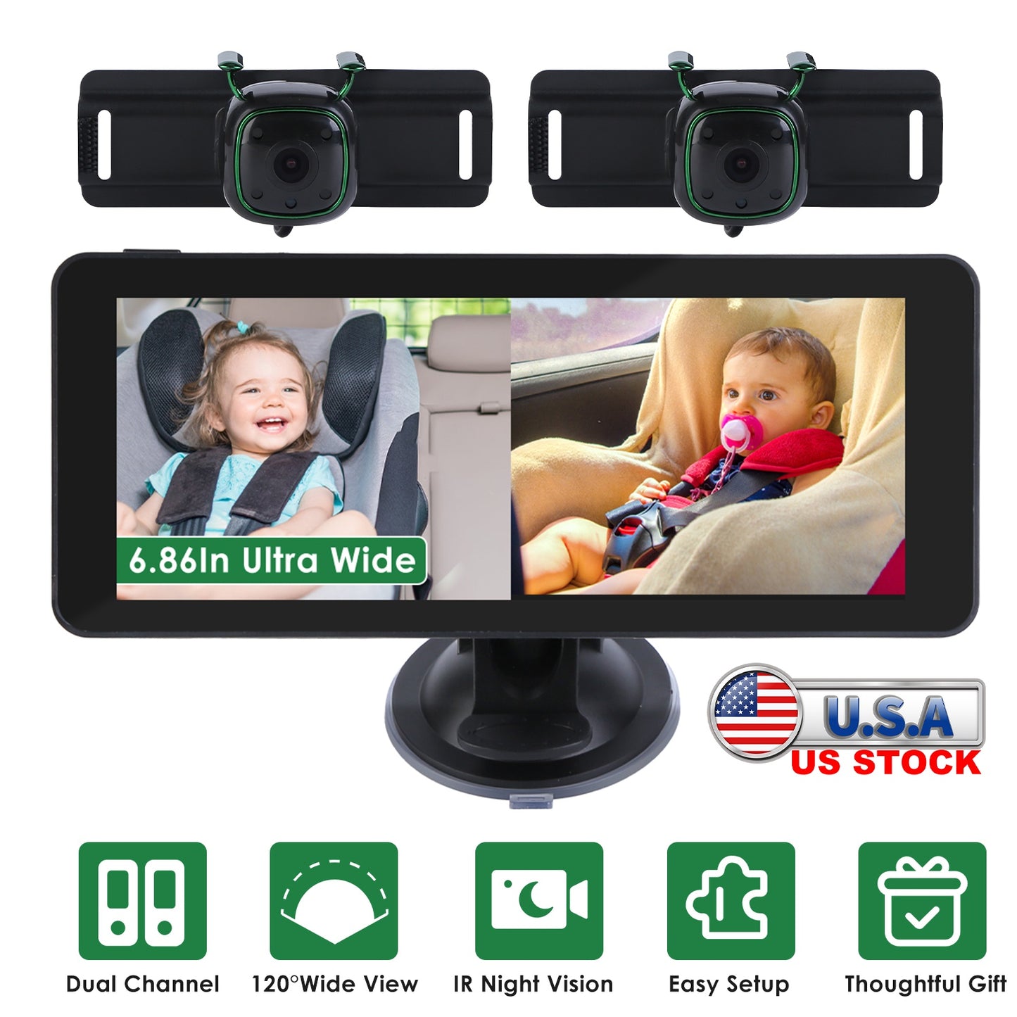 Dual Camera Baby Car Monitor with 6.86" Split Screen & Night Vision