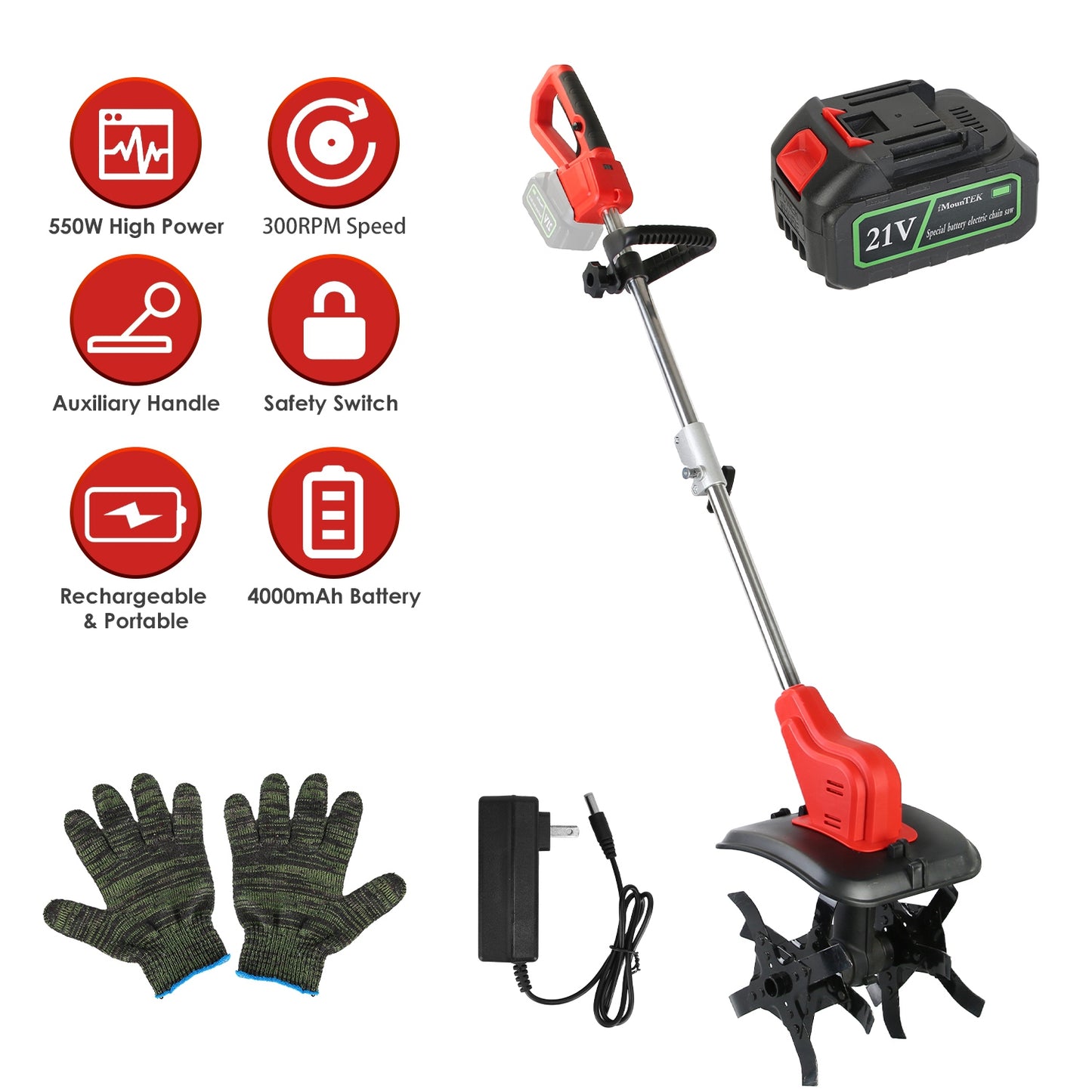 21V Cordless Electric Tiller Cultivator with 4 Blades