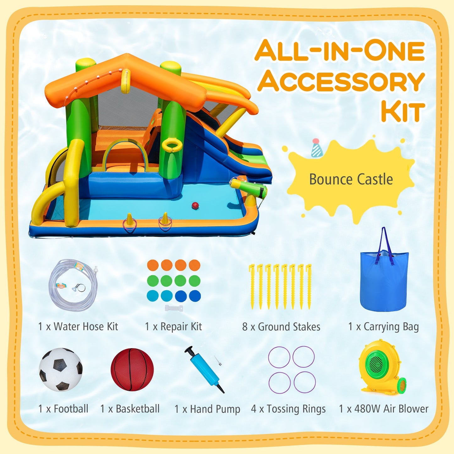 8-in-1 Jumping Castle with Slide and 480W Blower
