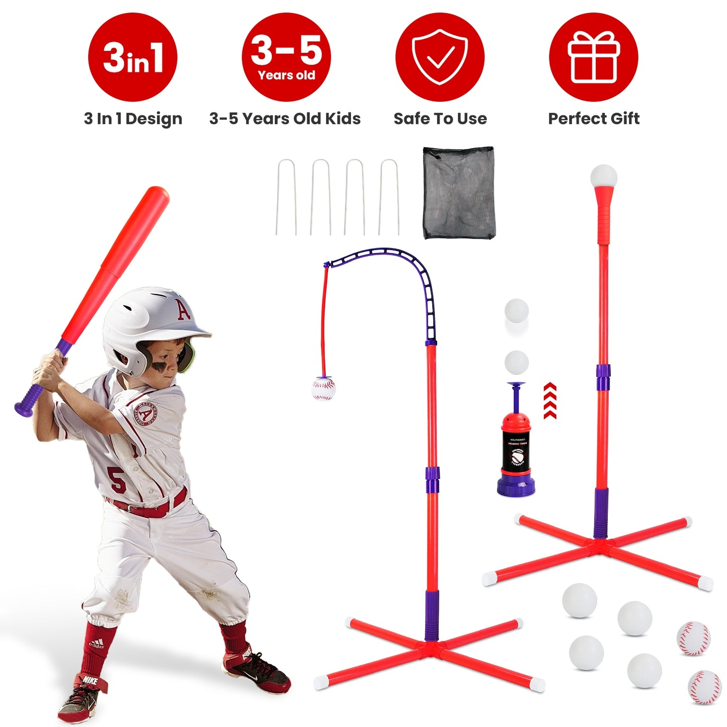 3-in-1 Baseball Toy Set with Adjustable Tee & Launcher