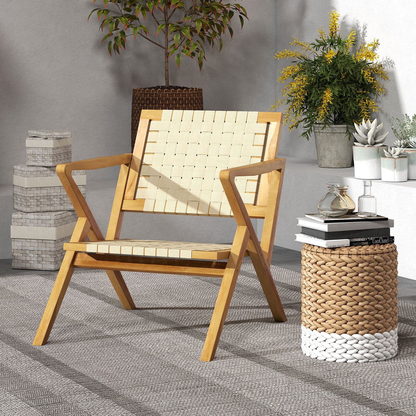 Teak Wood Patio Chair with Webbing Seat and Backrest