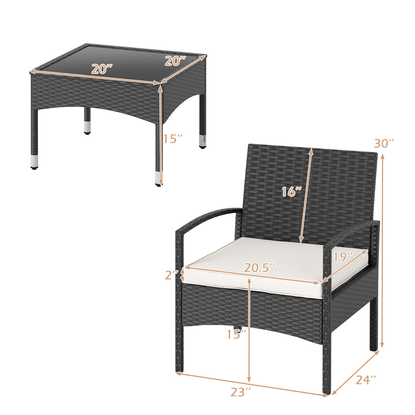 3-Piece Patio Conversation Set with Rattan Bistro Chairs & Table