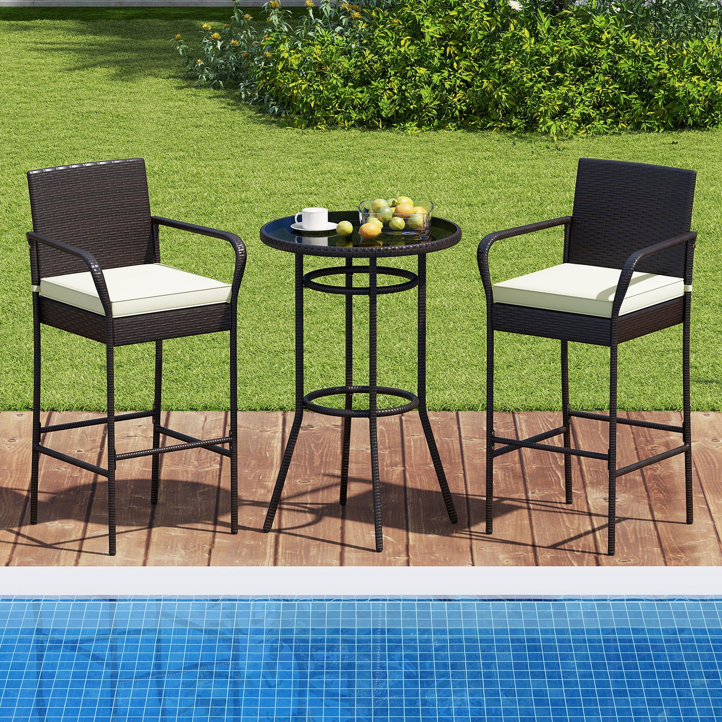 Rattan Bar Height Table and Chairs Set with Cushions