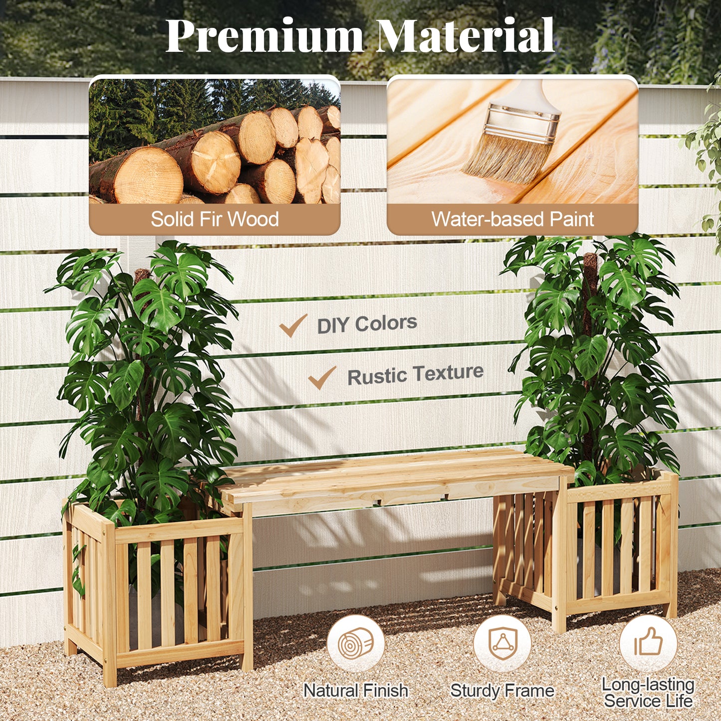 Wooden Bench with Planter Boxes - 2 Person Outdoor Seating