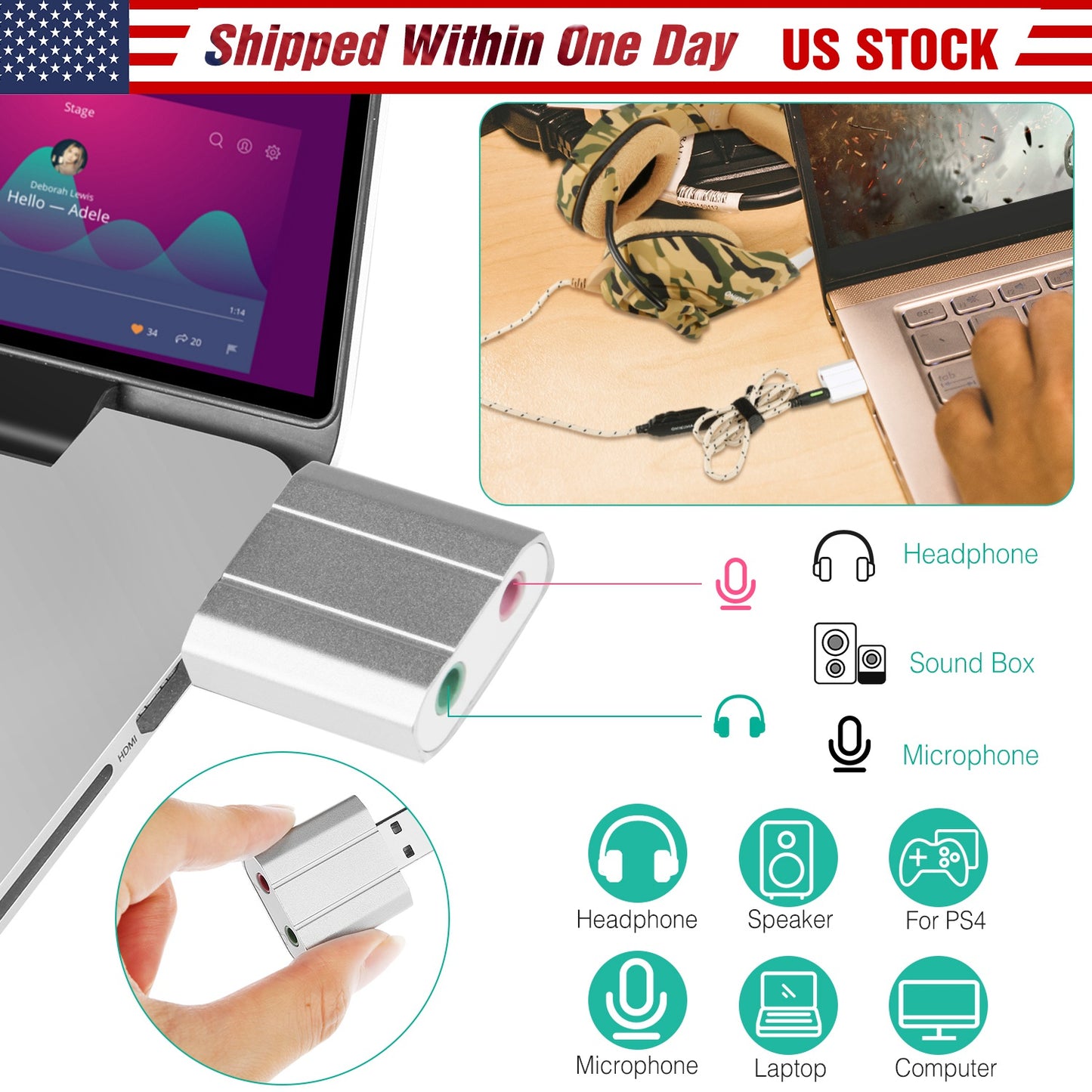 USB Audio Adapter with 3.5mm Headphone & Microphone Jacks