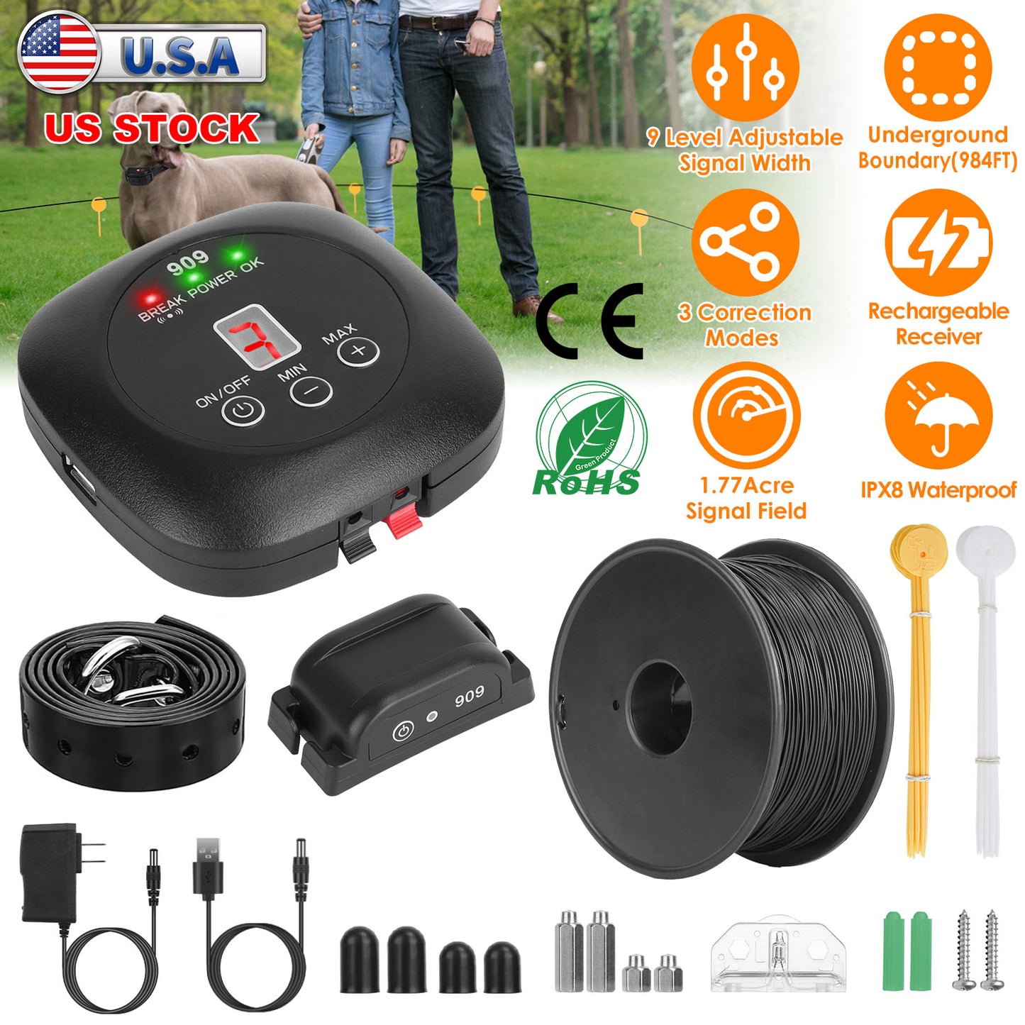 Underground Dog Fence System with Waterproof Rechargeable Collar