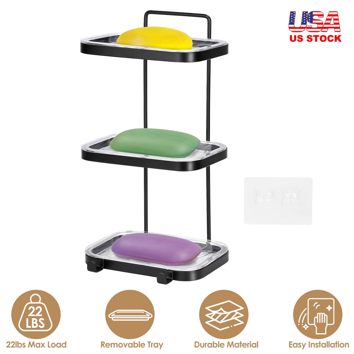 Wall Mounted Soap Dish Holder with Removable Tray & 2 Hooks