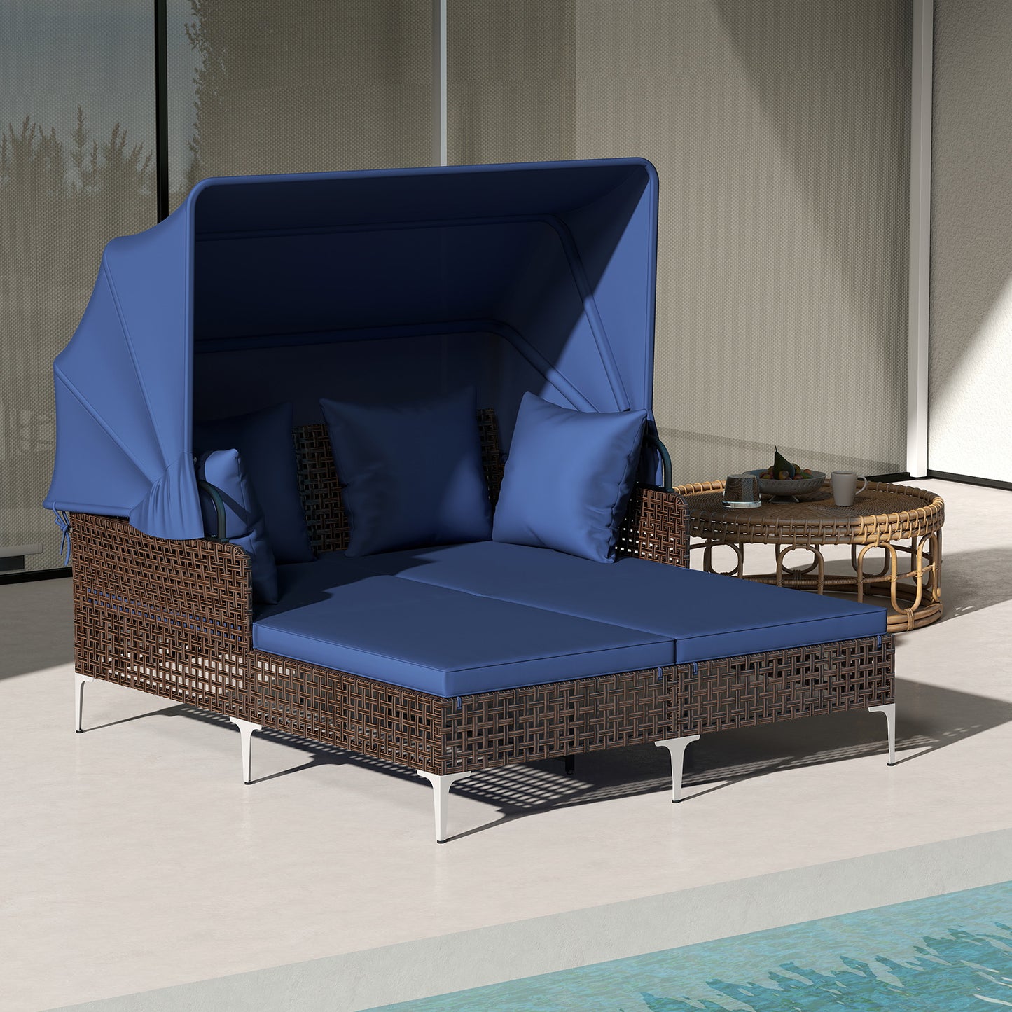 Outdoor Daybed with Retractable Canopy - PE Wicker Rattan