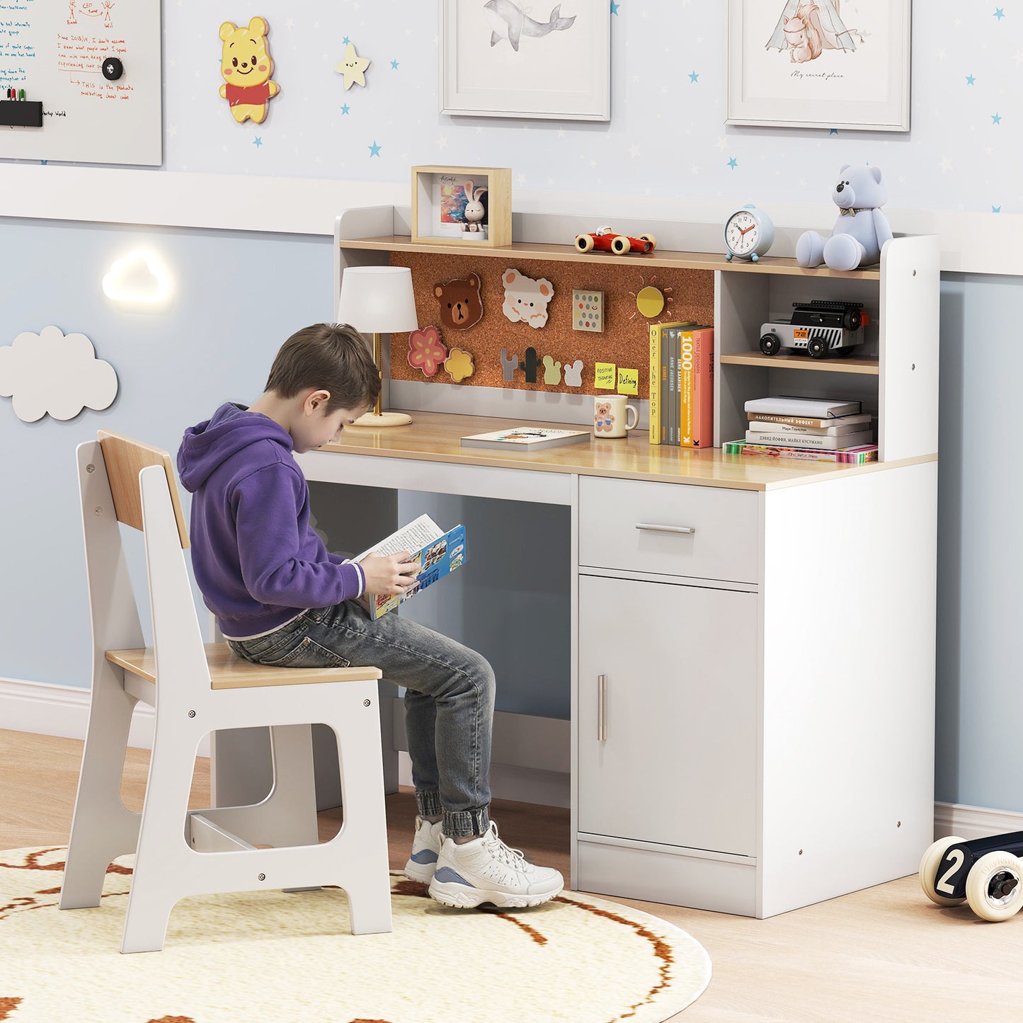 Kids Study Desk and Chair Set with Storage and Bulletin Board