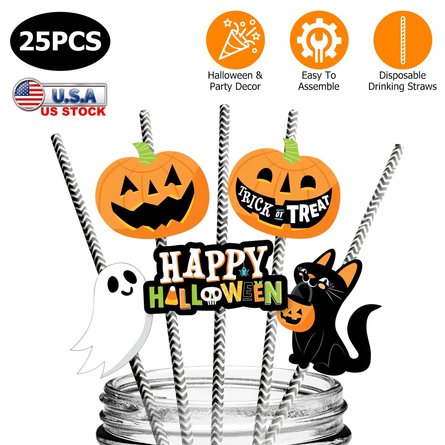 Halloween Party Paper Straws with Decorative Cards - 25 Pack