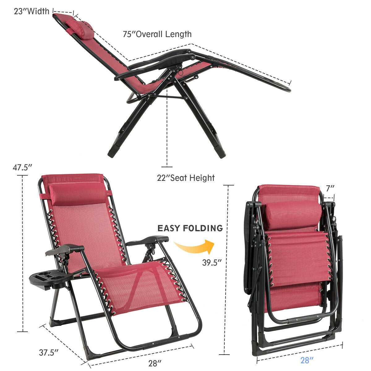 Oversized Zero Gravity Lounge Chair with Cup Holder - 500 lbs