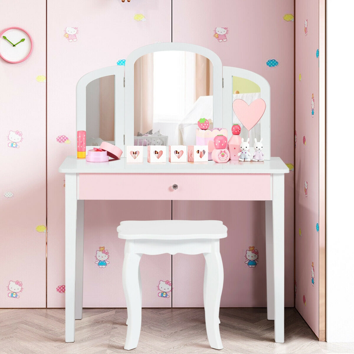 Kids Vanity Table with Tri-Fold Mirror and Chair Set
