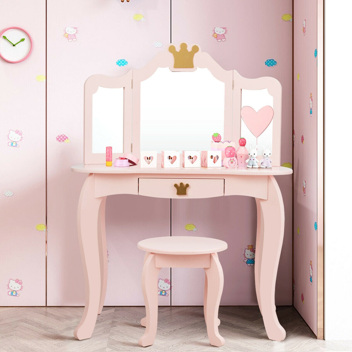 Kids Makeup Vanity Table with Tri-Fold Mirror and Stool