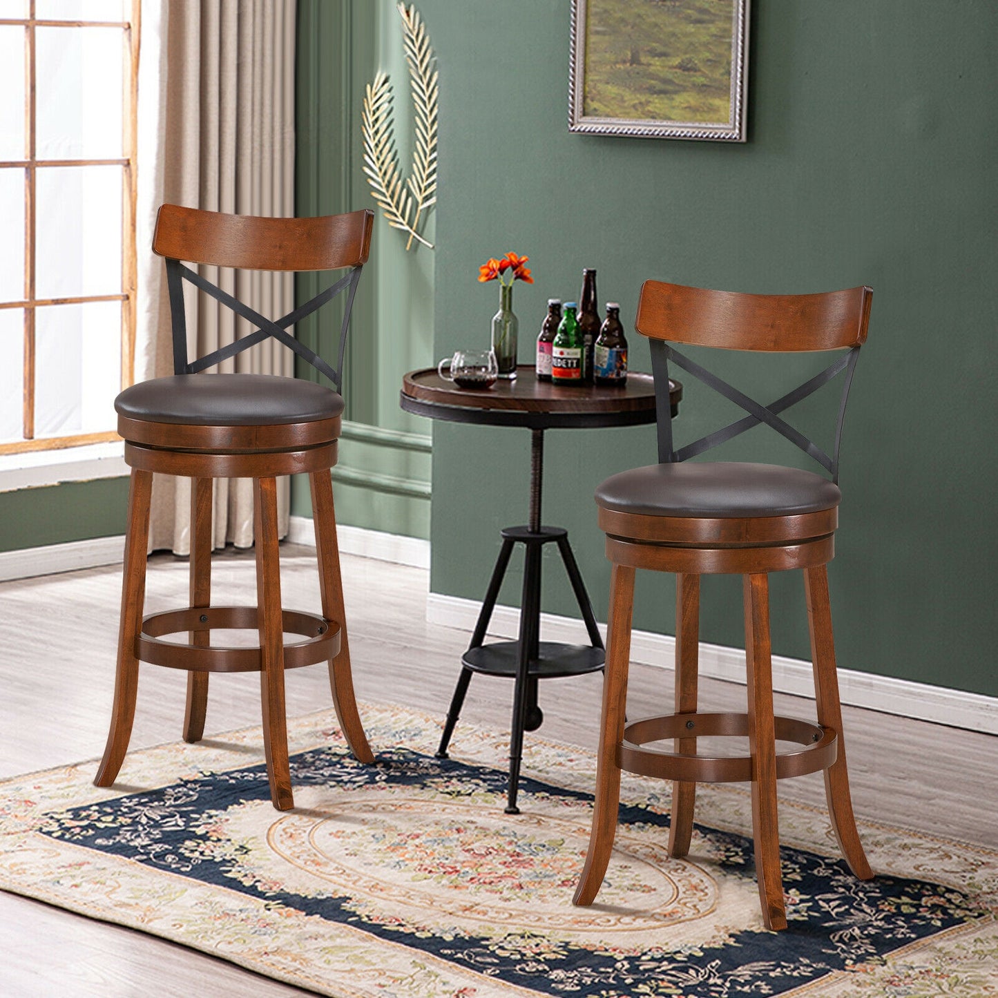 Swivel Bar Stools Set of 2 with Rubber Wood Legs - 360° Rotation