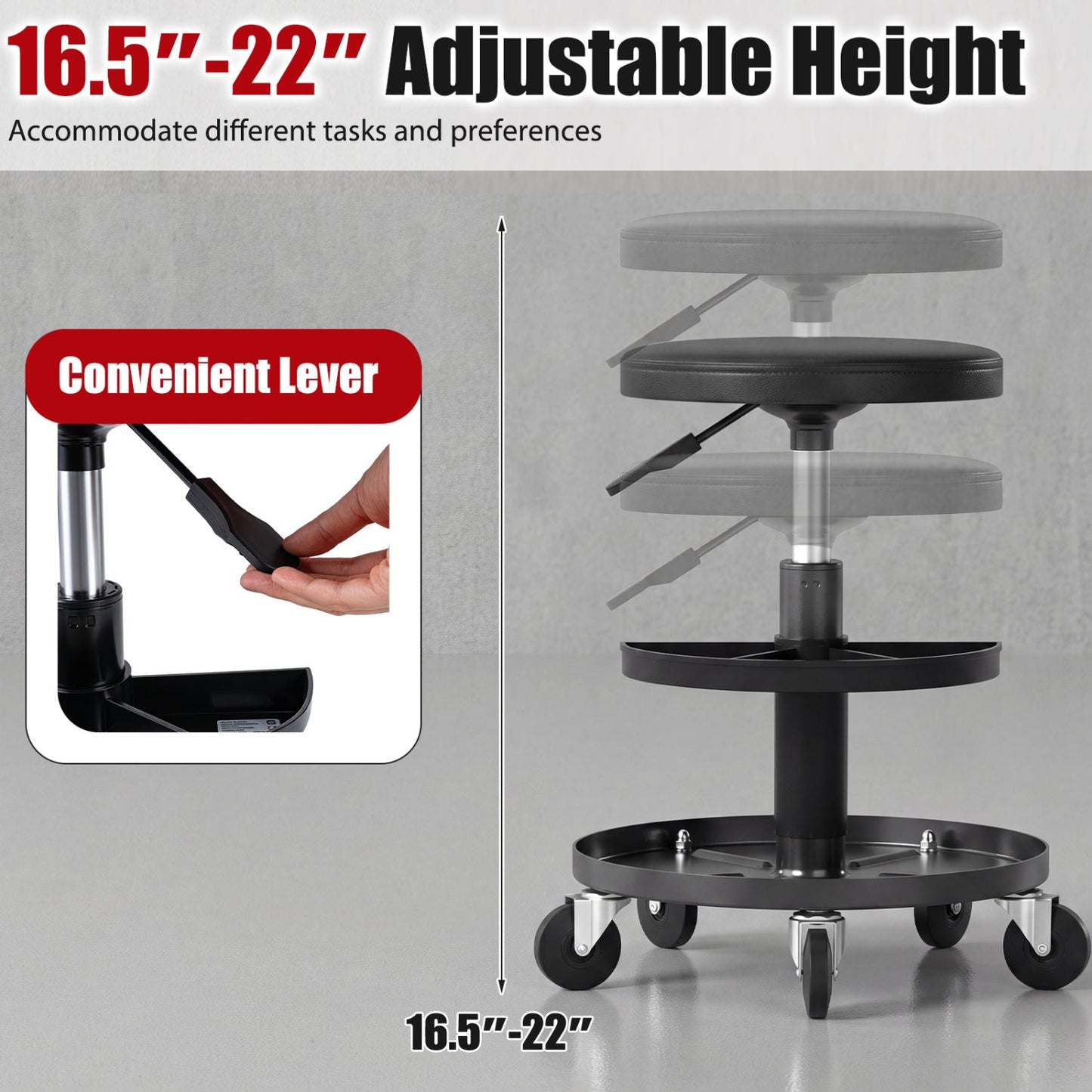 Adjustable Rolling Mechanic Stool with Tool Trays