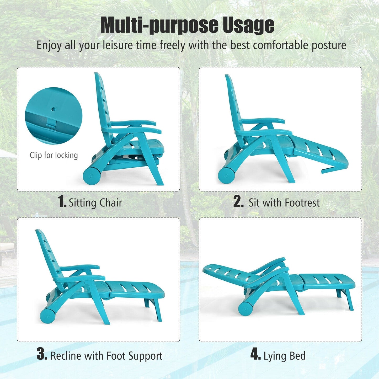 Adjustable Folding Chaise Lounge Chair with Wheels