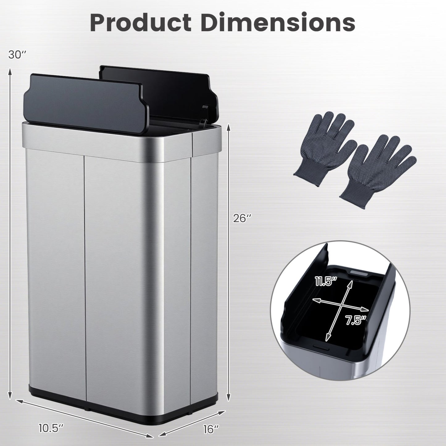 16 Gallon Trash Can with Wing Lids for Bedroom Bathroom Kitchen-Silver