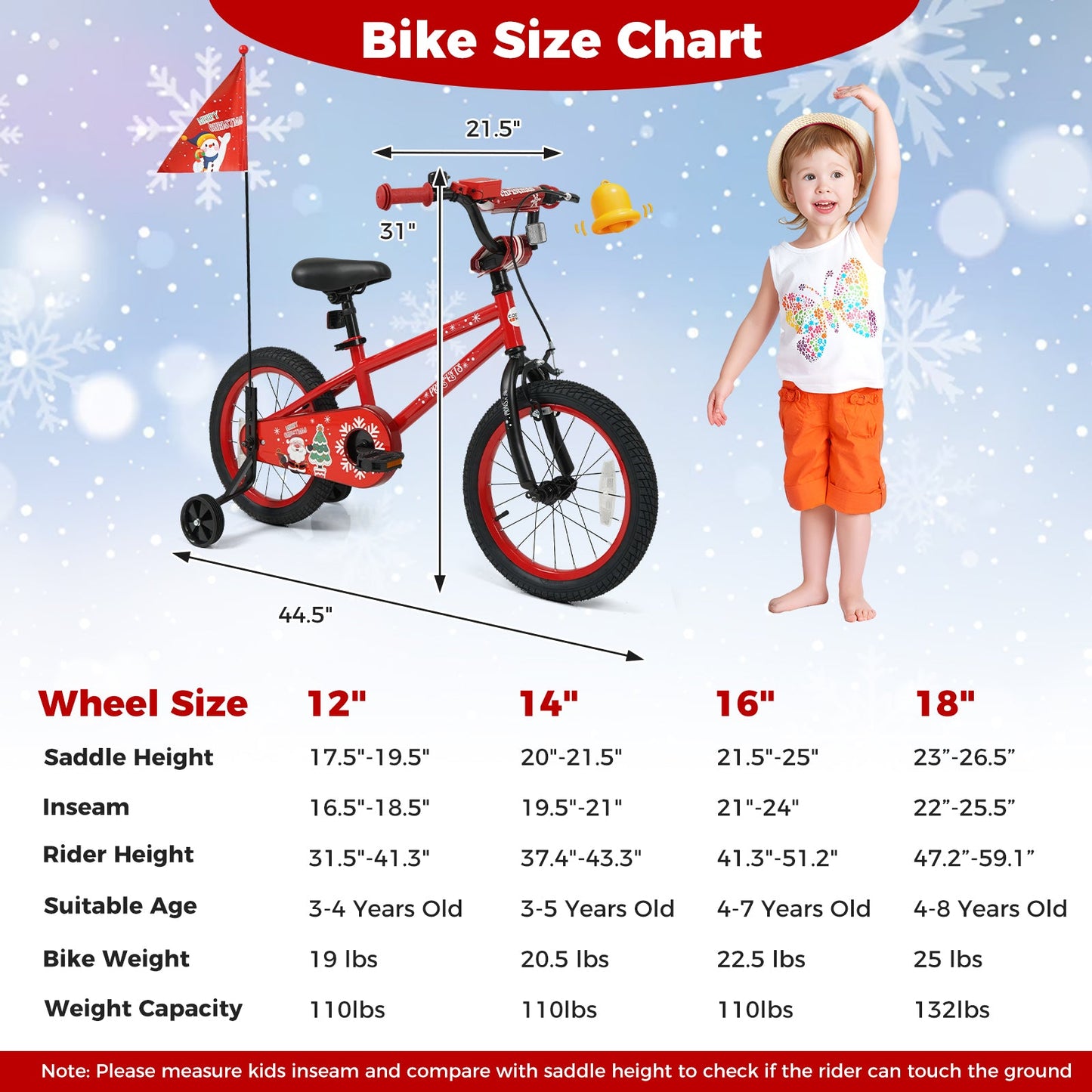 Kids Bike 12-18 Inch with Training Wheels & Christmas Music