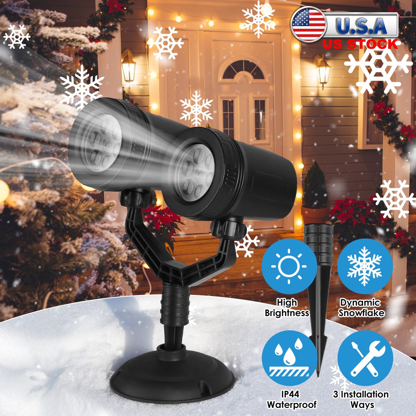 Snowflake Projector Light Dual-Head LED Stake Outdoor Waterproof