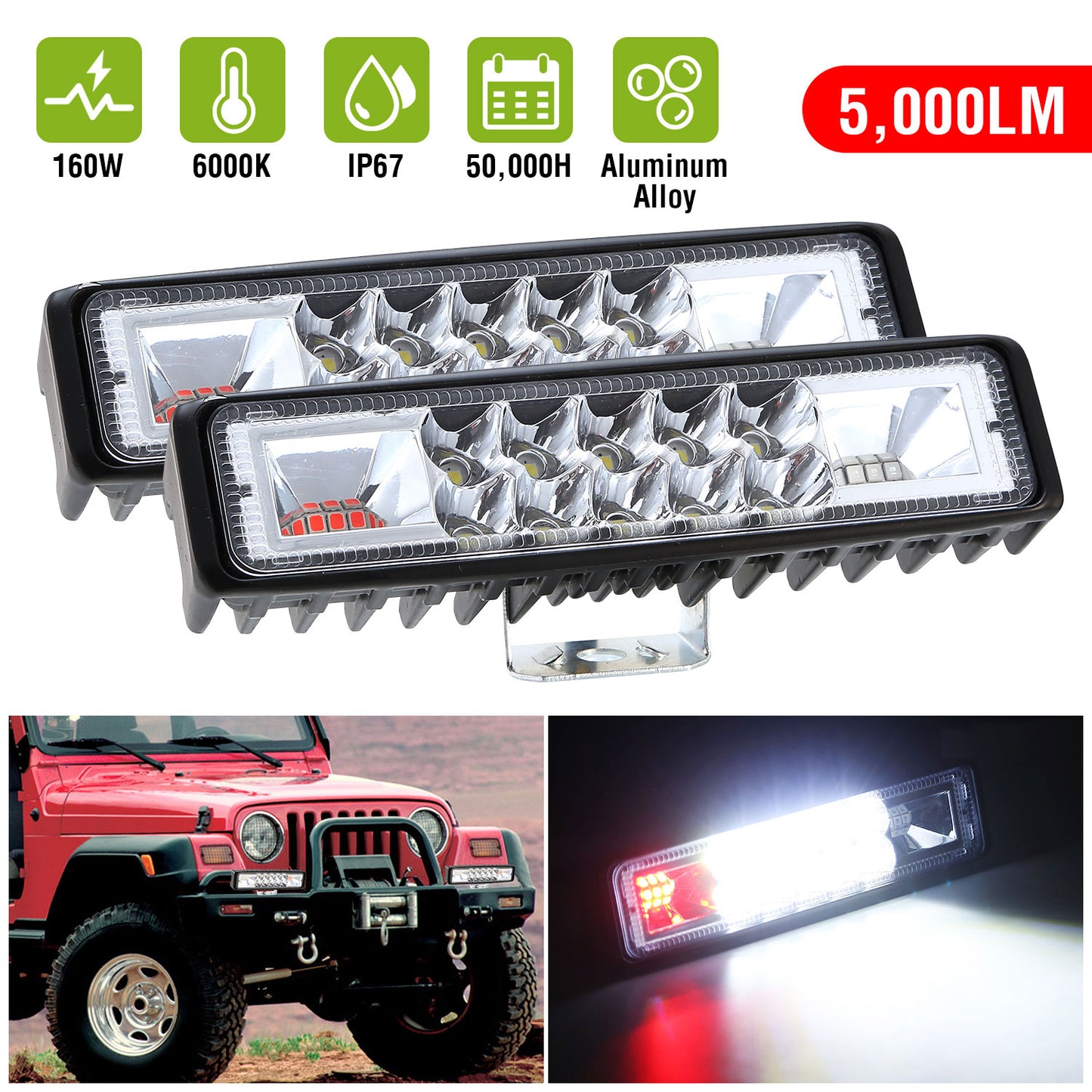 6-Inch LED Light Bar 160W with Red & Blue Warning Lights