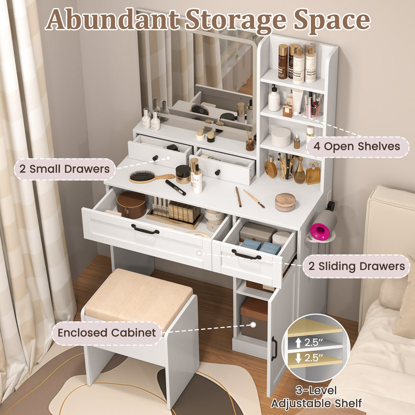 Vanity Set with Lighted Mirror and Charging Station
