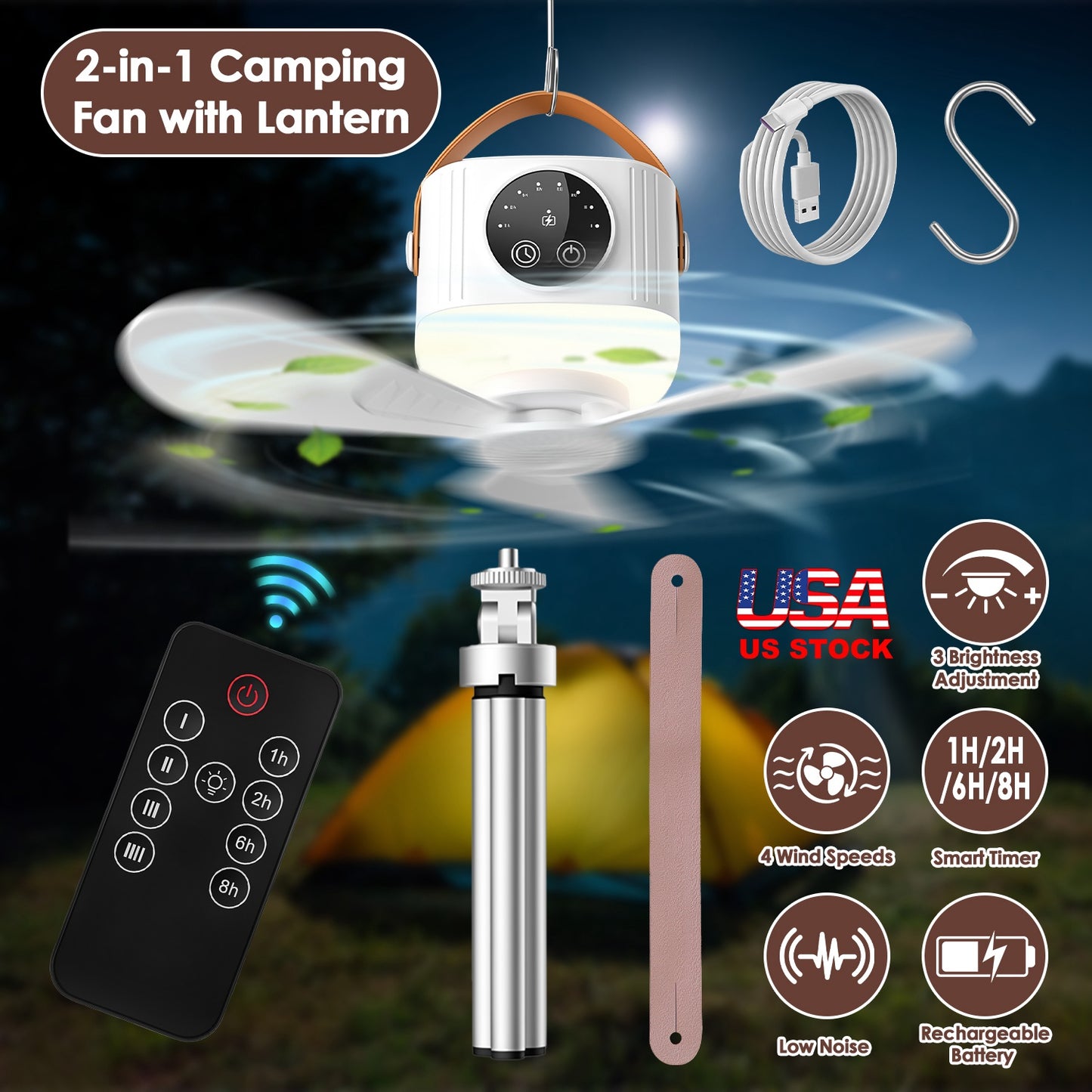 Rechargeable Tent Ceiling Fan with LED Light & Remote