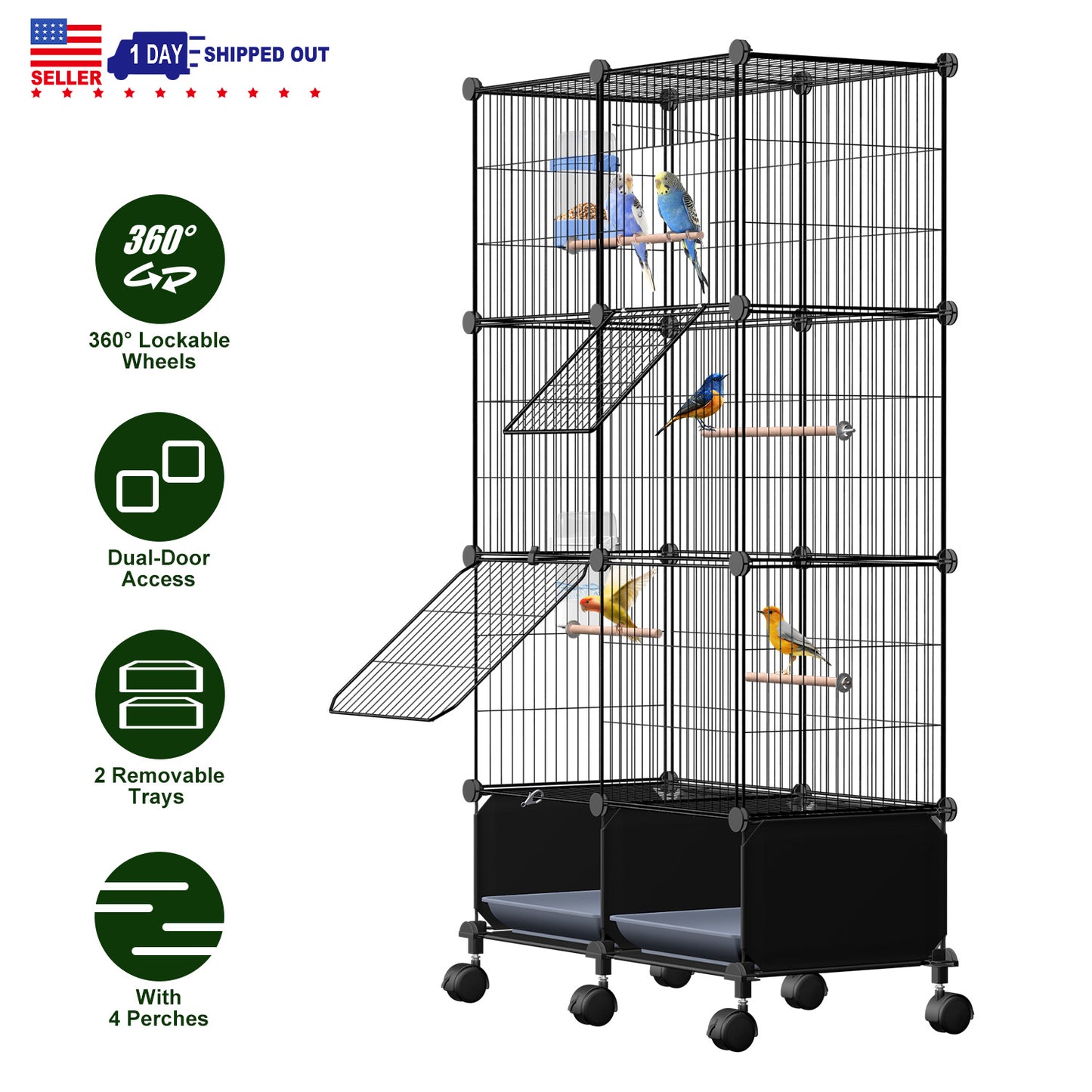 46in Bird Cage with Wooden Perches and Lockable Wheels