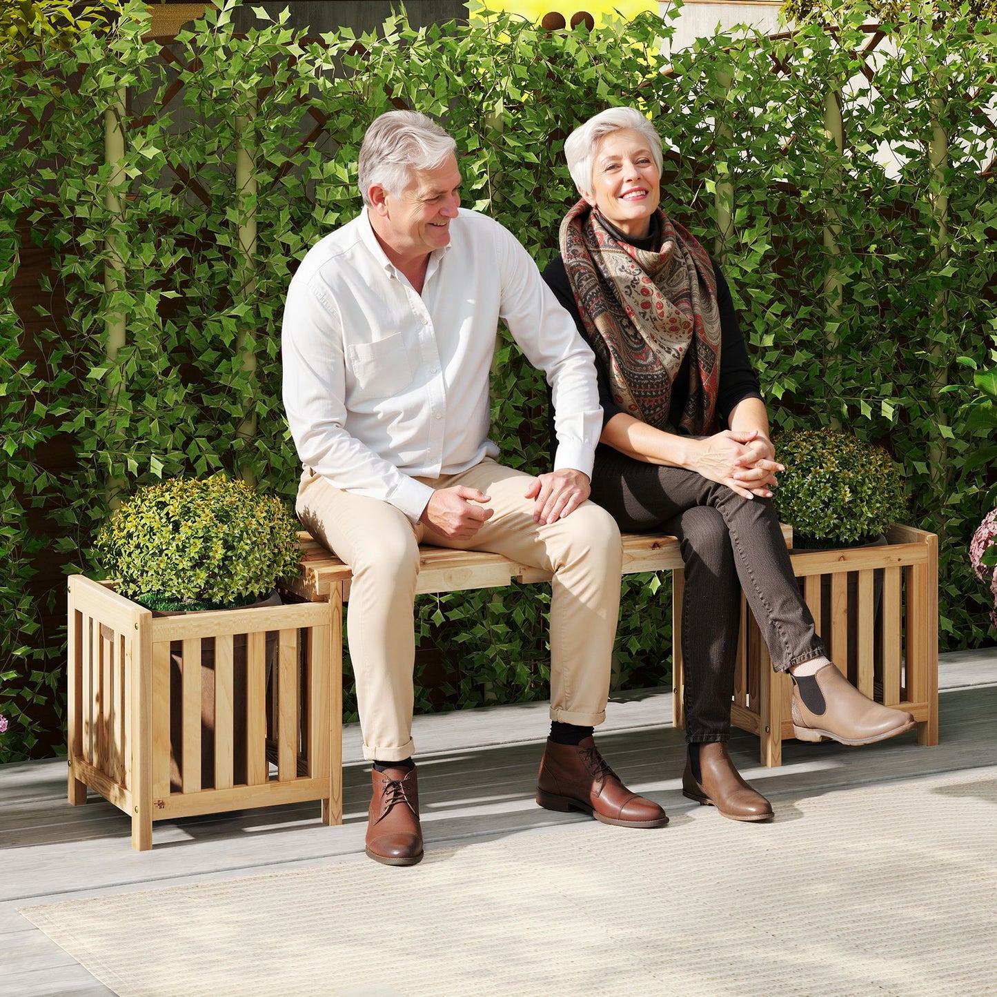 Wooden Bench with Planter Boxes - 2 Person Outdoor Seating
