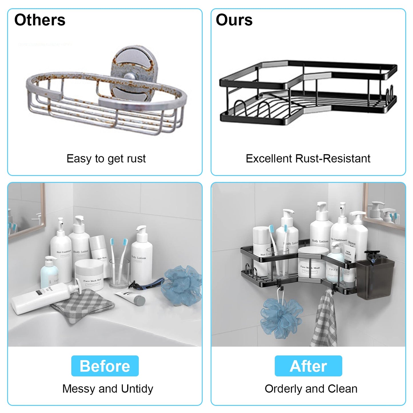 Corner Shower Caddy 2-Pack with Soap Holders & Hooks