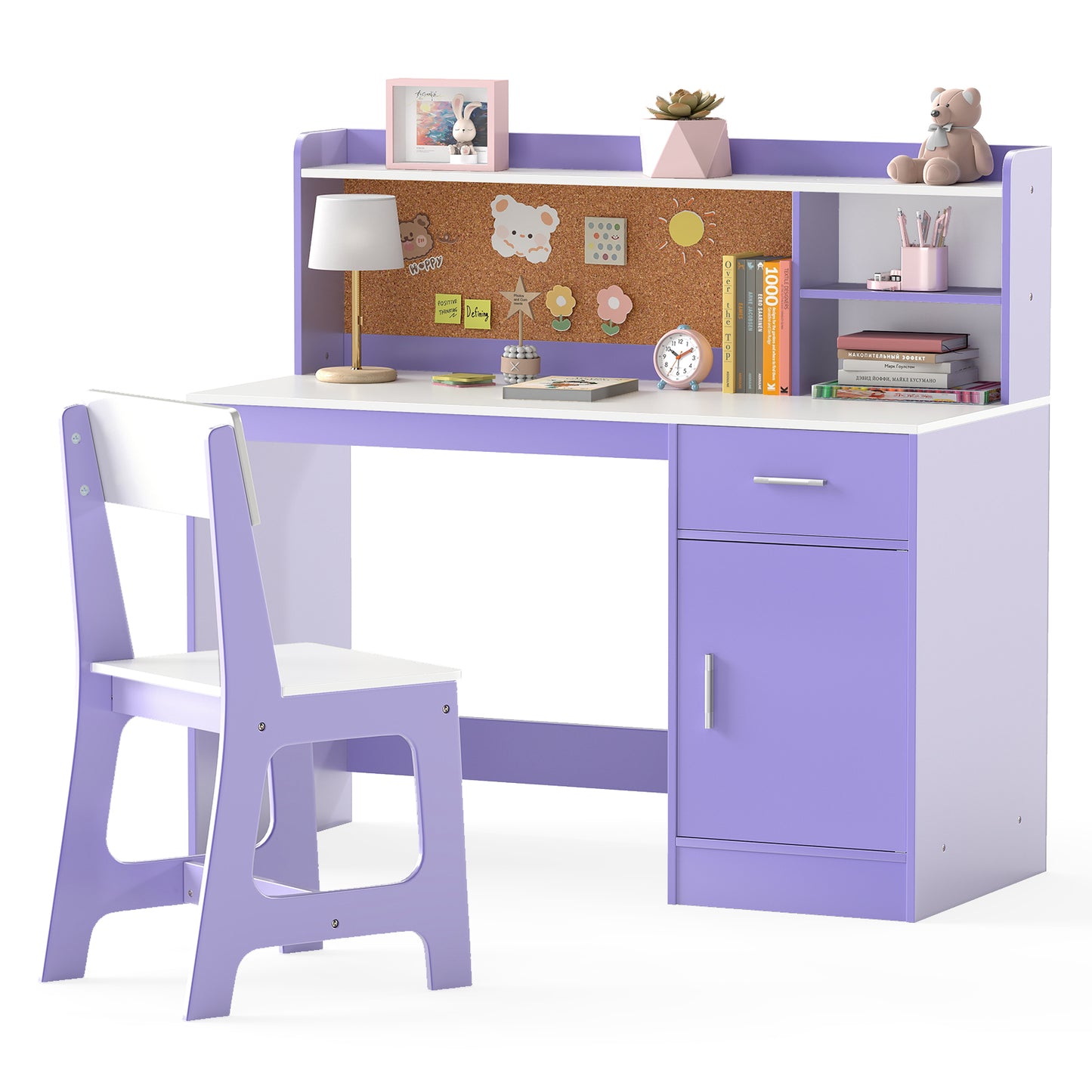 Kids Study Desk and Chair Set with Storage and Bulletin Board