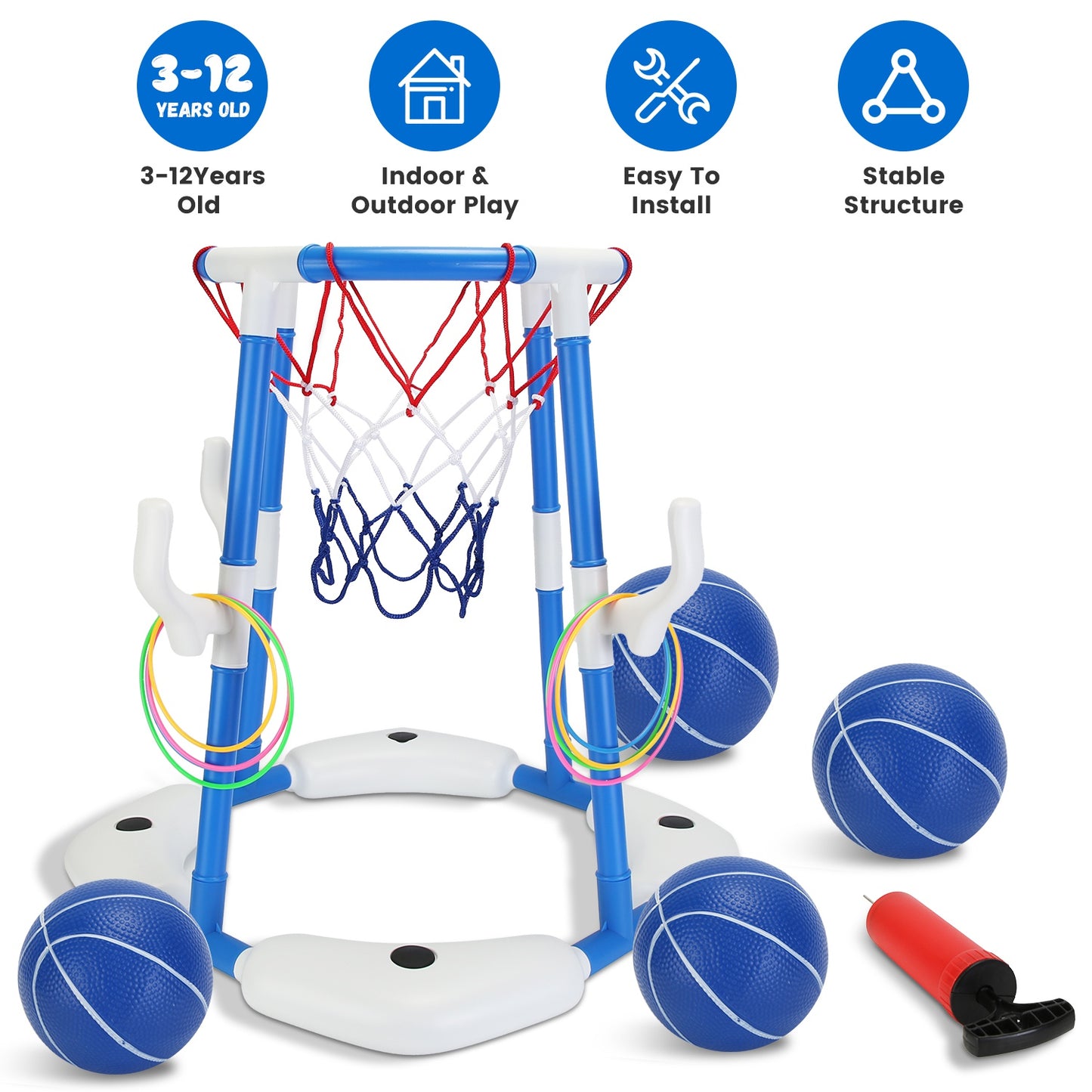 Pool Basketball Hoop Set with 4 Balls & Pump for Kids