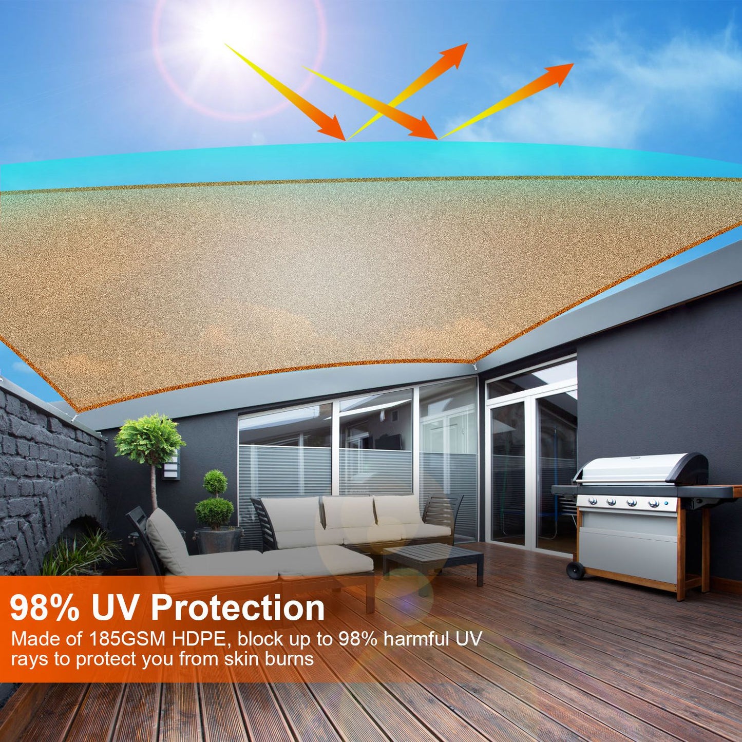 Rectangle Sun Shade Sail 98% UV Block HDPE Canopy with Ropes