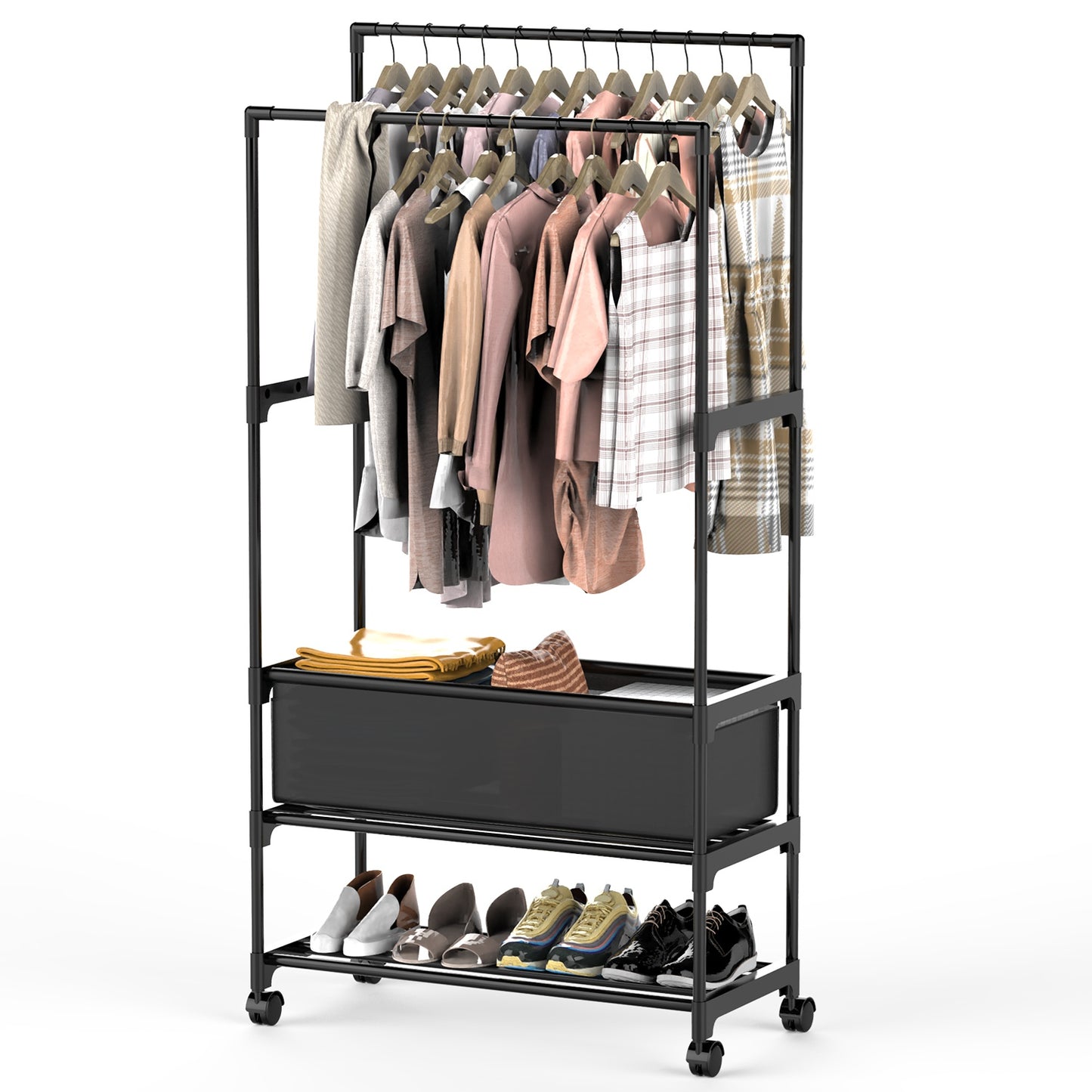 Double Rod Garment Rack with Storage Bag and Lockable Wheels