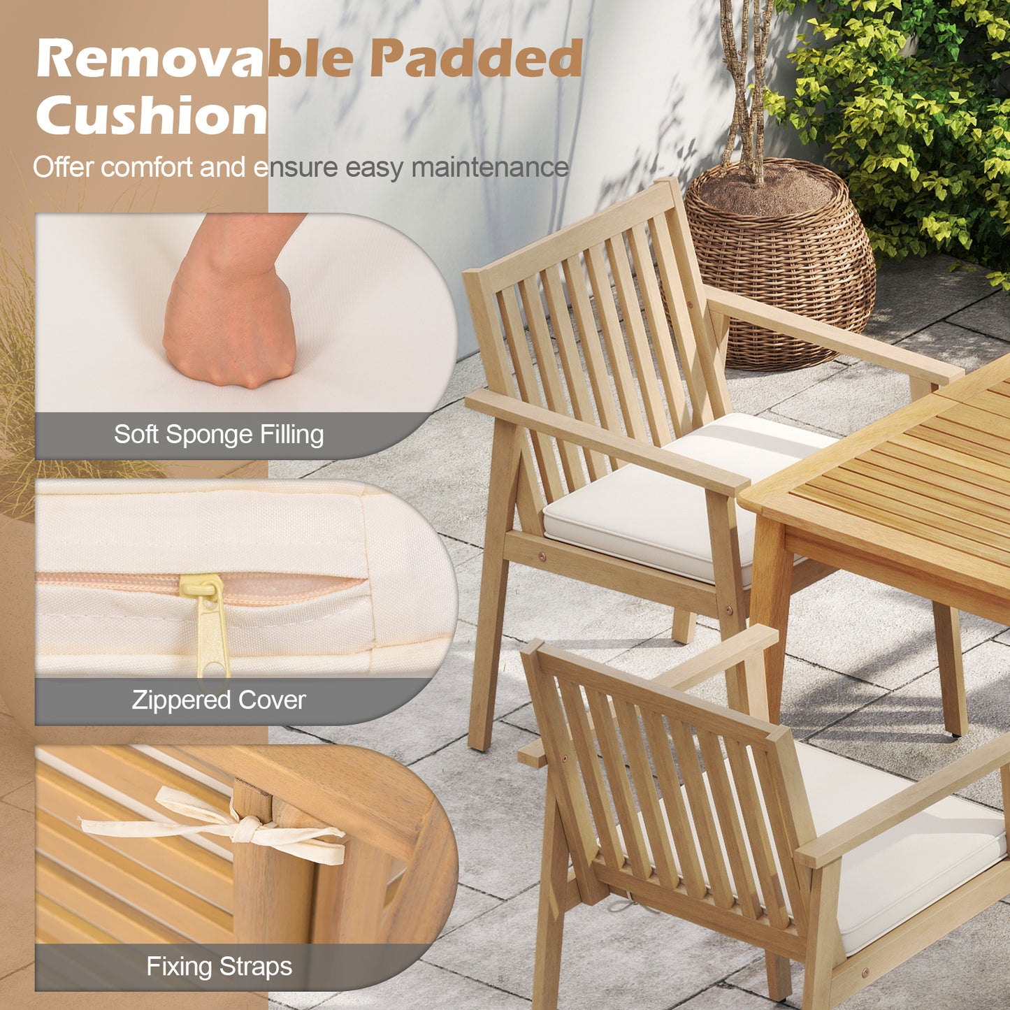 Acacia Wood Patio Dining Chairs with Removable Cushions (Set of 2)