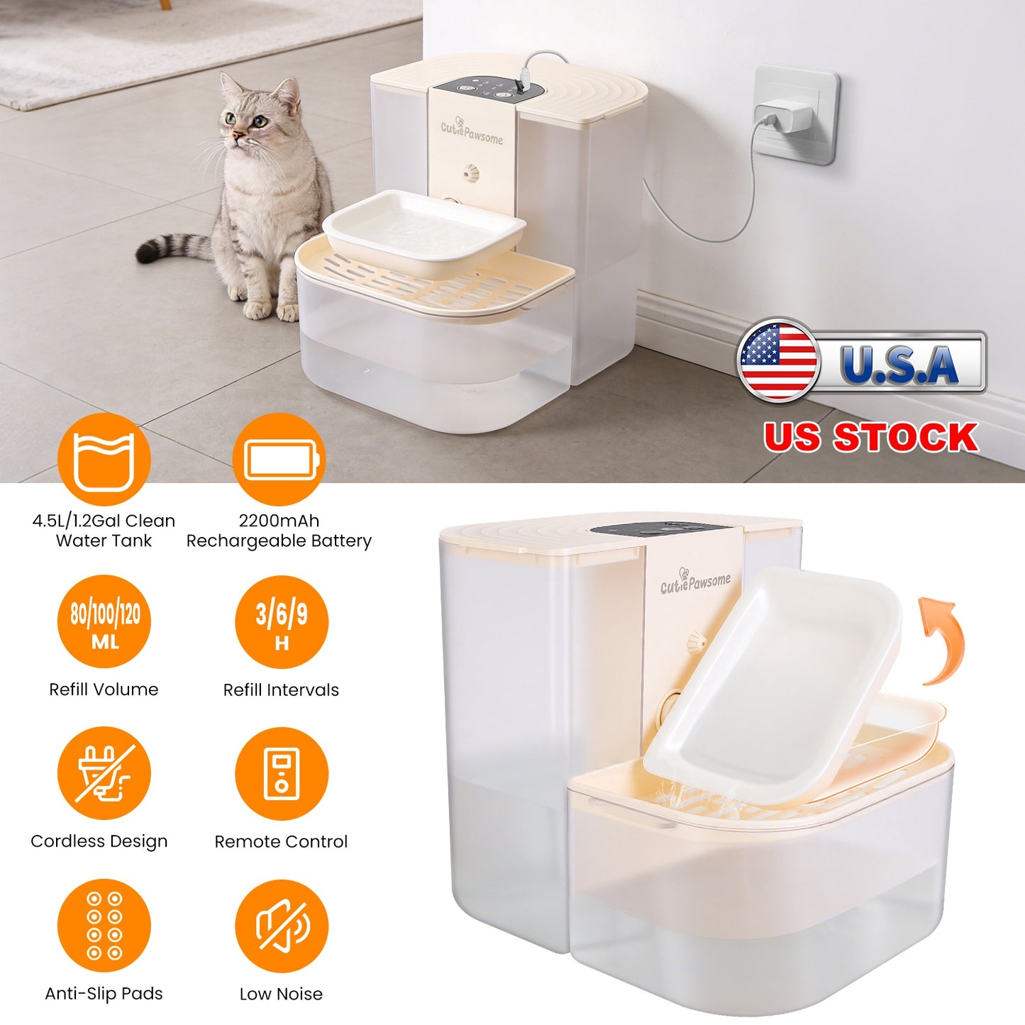 Automatic Pet Water Fountain 4.5L Cordless Rechargeable Dispenser