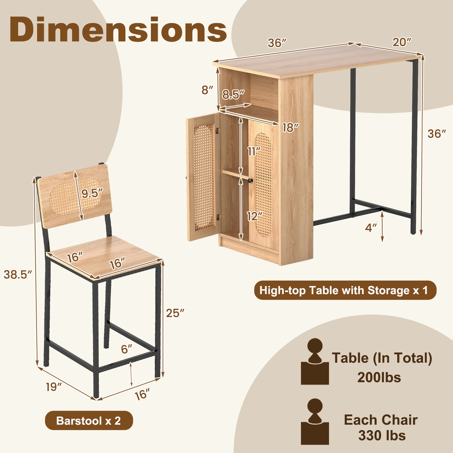 3-Piece Bar Table and Chairs Set with Storage Shelves